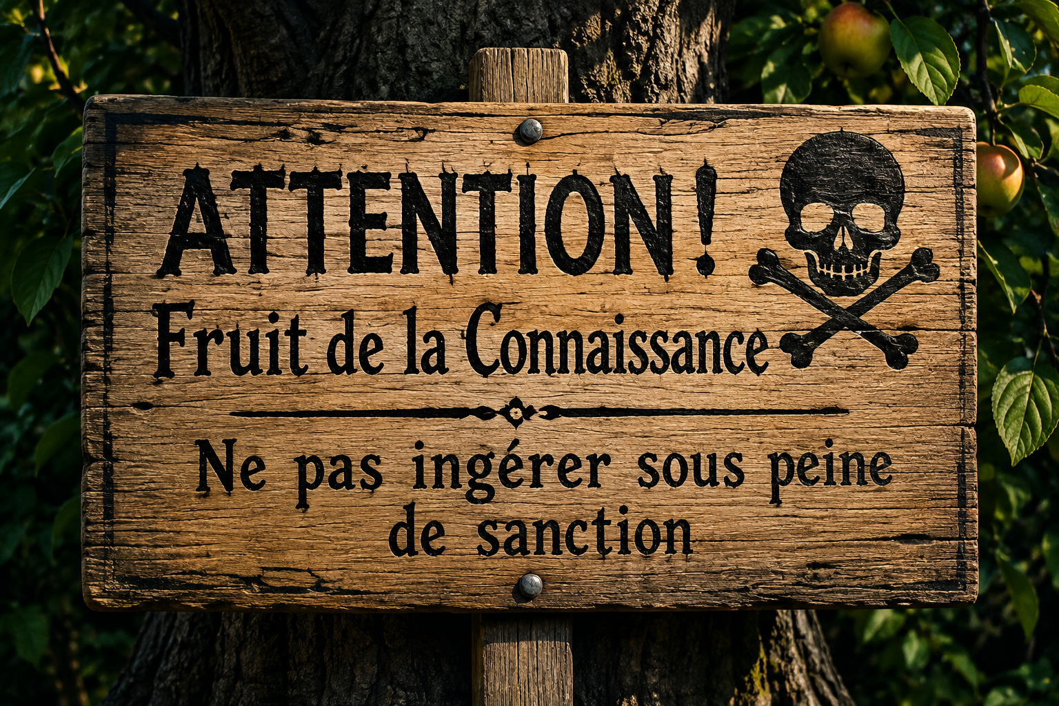 Pancarte : Attention ! Fruit de la Connaissance. Ne pas ingérer sous peine de sanction. Une tête de mort apparaît en haut à droite.